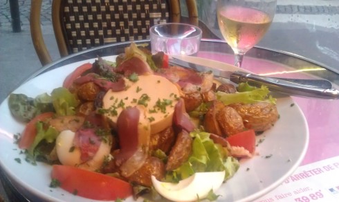 The French don't fuck around with salads. This one has foie gras, duck breast, and roast potatoes. 